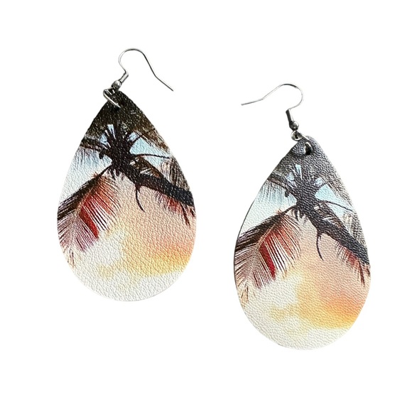 Palm Tree and Sky Tropical Leather Teardrop Earrings - Picture 1 of 3